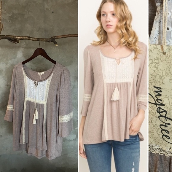 Mystree Tops - MYSTREE 3/4 BELLE SLV LACE BIB TOP